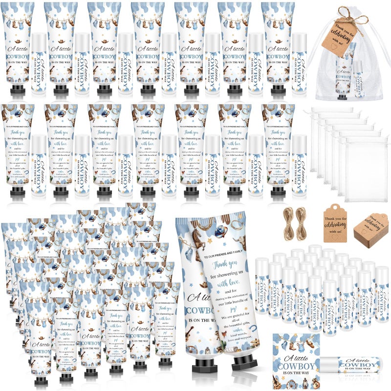 Dimsile 50 Sets 200 Pcs Cowboy Baby Shower Gifts Bulk Hand Lotion and Lip Balm Party Favors a Little Cowboy Is on The Way Theme Baby Shower Travel Size Hand Lotion and Lip Balm with Organza Bags Tags - Image 1