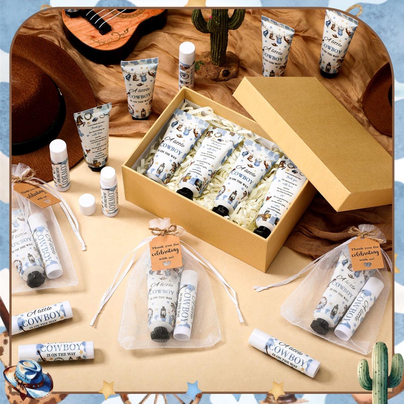 Dimsile 50 Sets 200 Pcs Cowboy Baby Shower Gifts Bulk Hand Lotion and Lip Balm Party Favors a Little Cowboy Is on The Way Theme Baby Shower Travel Size Hand Lotion and Lip Balm with Organza Bags Tags - Image 2