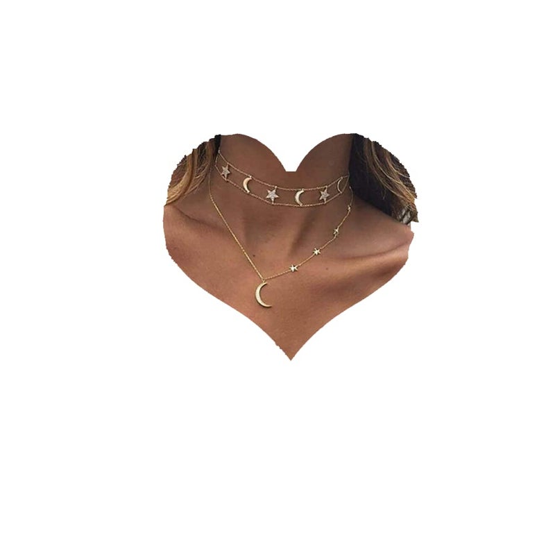 Chargances Bohemia Gold Moon and Stars Necklace for Women Fashion Gold Choker Necklace Delicate Moon Stars Jewelry for Women