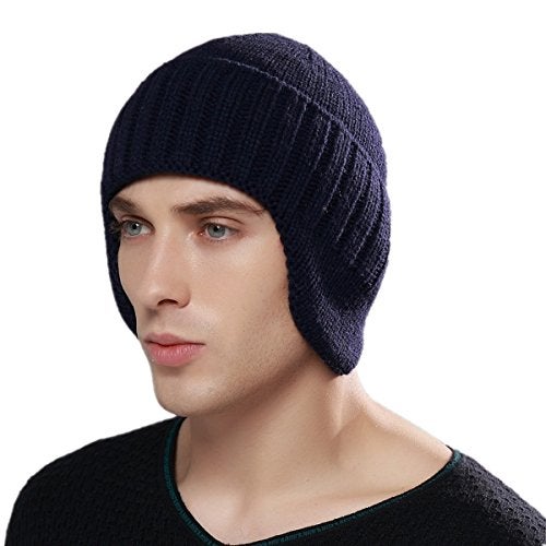 Home Prefer Mens Winter Knit Earflap Hat Cuffed Beanie with Ears Warmer Navy Blue - Image 2