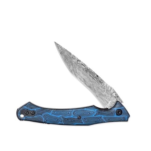 YOUSUNLONG Folding Knife - Hammered Damascus Steel Blade - Blue Damascus texture G10 Cover - Image 1