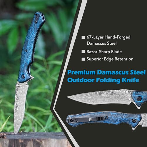 YOUSUNLONG Folding Knife - Hammered Damascus Steel Blade - Blue Damascus texture G10 Cover - Image 3