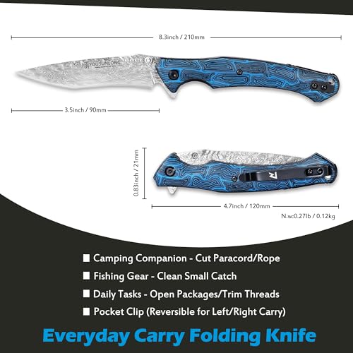 YOUSUNLONG Folding Knife - Hammered Damascus Steel Blade - Blue Damascus texture G10 Cover - Image 2