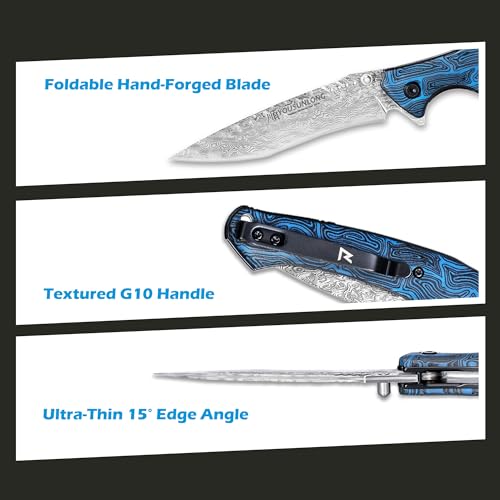 YOUSUNLONG Folding Knife - Hammered Damascus Steel Blade - Blue Damascus texture G10 Cover - Image 4