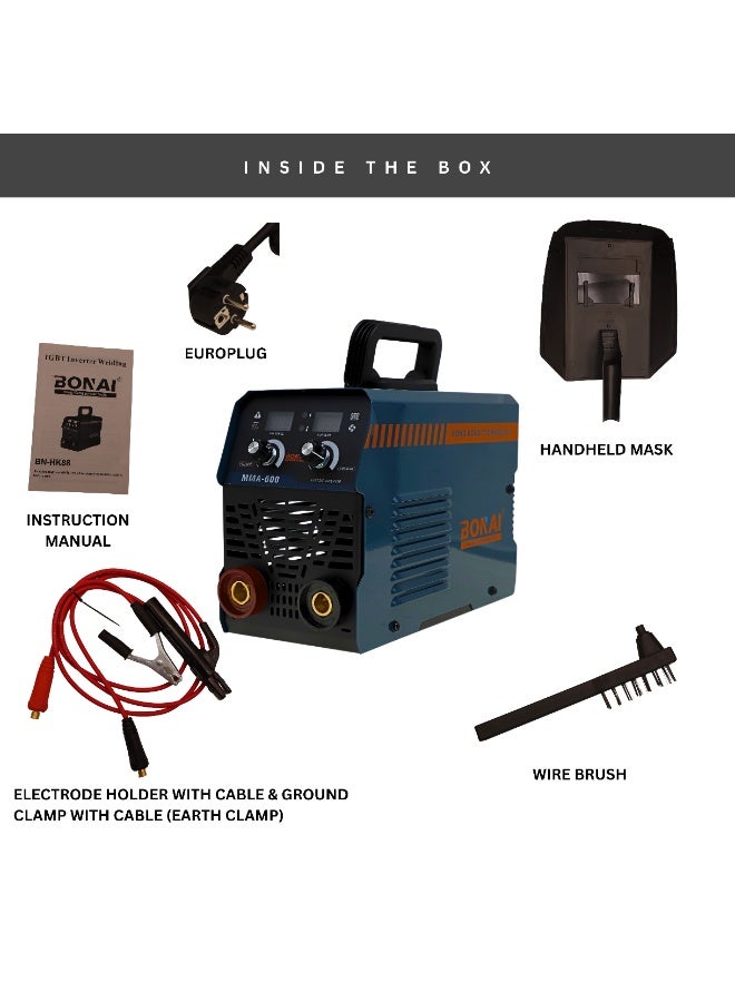 بوناي آلة لحام بوناي BN-HK88 MMA، لحام يدوي ٢٢٠-٢٤٠ فولت، تصنيف ٦٠٠ MMA، خرج ٢٠-١٠٥ أمبير، حماية IP٢١، عزل من الدرجة F، آلة لحام عاكس قوسي محمولة للاستخدام المنزلي والصناعي - Image 3