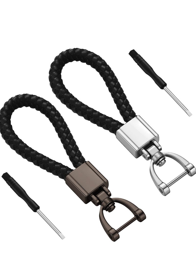 Car Key Chain Black Leather Car Fob Keychain Metal Keyring Woven Strap Braided Rope Key Chain Leather Braided Lanyard Key Chain for Men and Women 2 Pieces - Image 1
