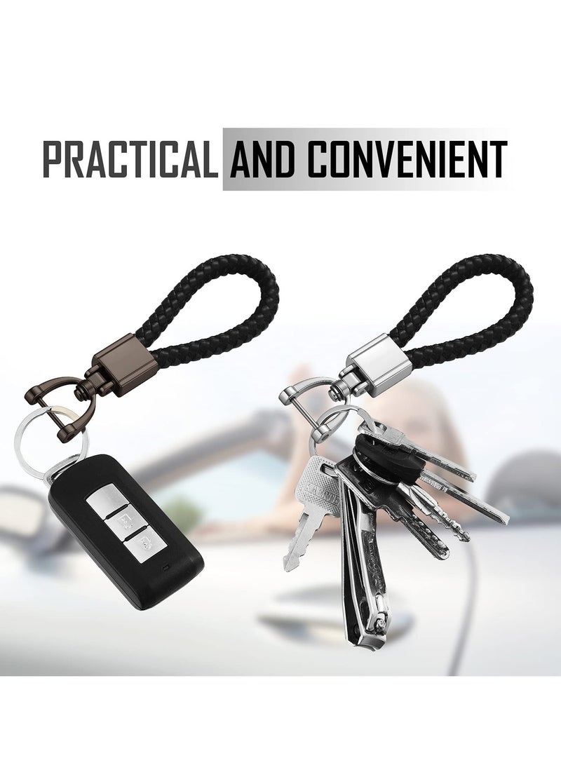 Car Key Chain Black Leather Car Fob Keychain Metal Keyring Woven Strap Braided Rope Key Chain Leather Braided Lanyard Key Chain for Men and Women 2 Pieces - Image 3