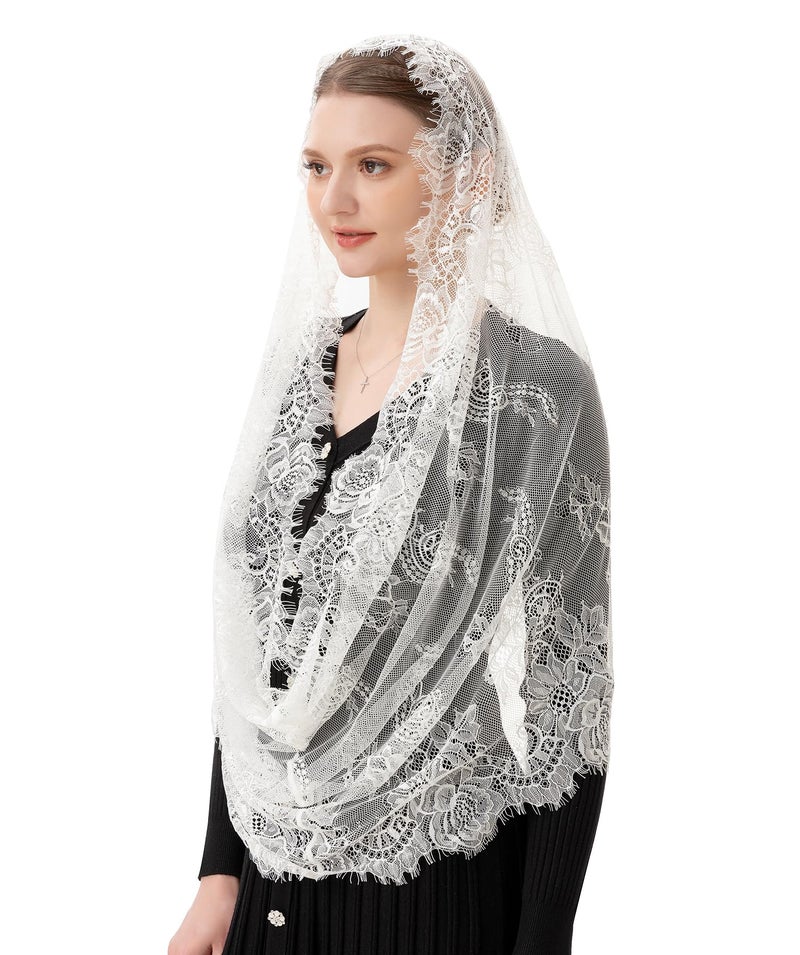 PAMOR Spanish Style Lace Traditional Vintage Inspired Infinity Shape Mantilla Veil Latin Mass Head Covering (Ivory) - Image 1