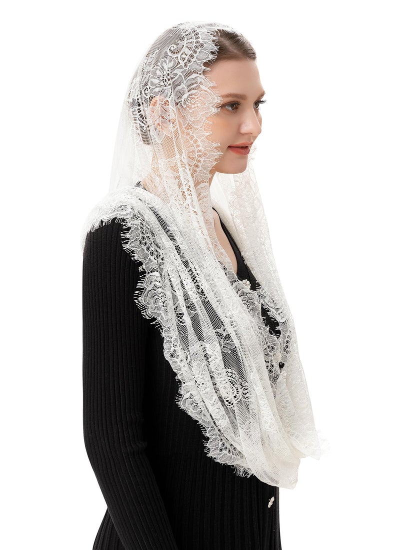 PAMOR Spanish Style Lace Traditional Vintage Inspired Infinity Shape Mantilla Veil Latin Mass Head Covering (Ivory) - Image 4