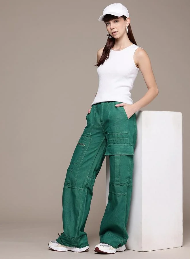 Freehand Green Freehand Women Wide Leg Utility Jeans for Women | Best Price UAE