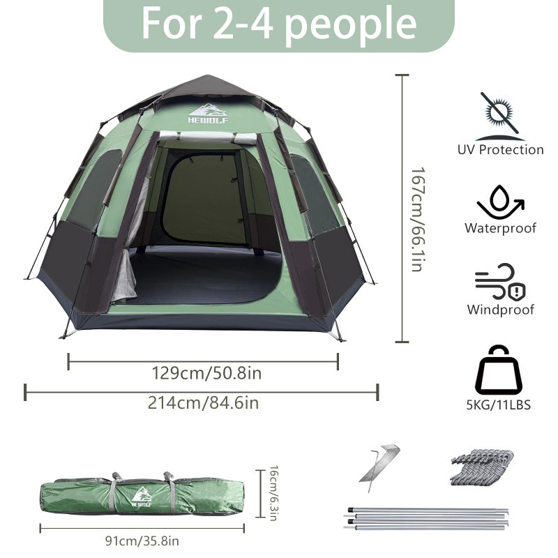 Hewolf 2/3/4 Person Camping Tent - Instant Pop Up Waterproof 2 Doors Tent with Easy Setup | 3-Season Hexagonal Dome Design for Family, Hiking & Traveling (Green-1) - Image 4