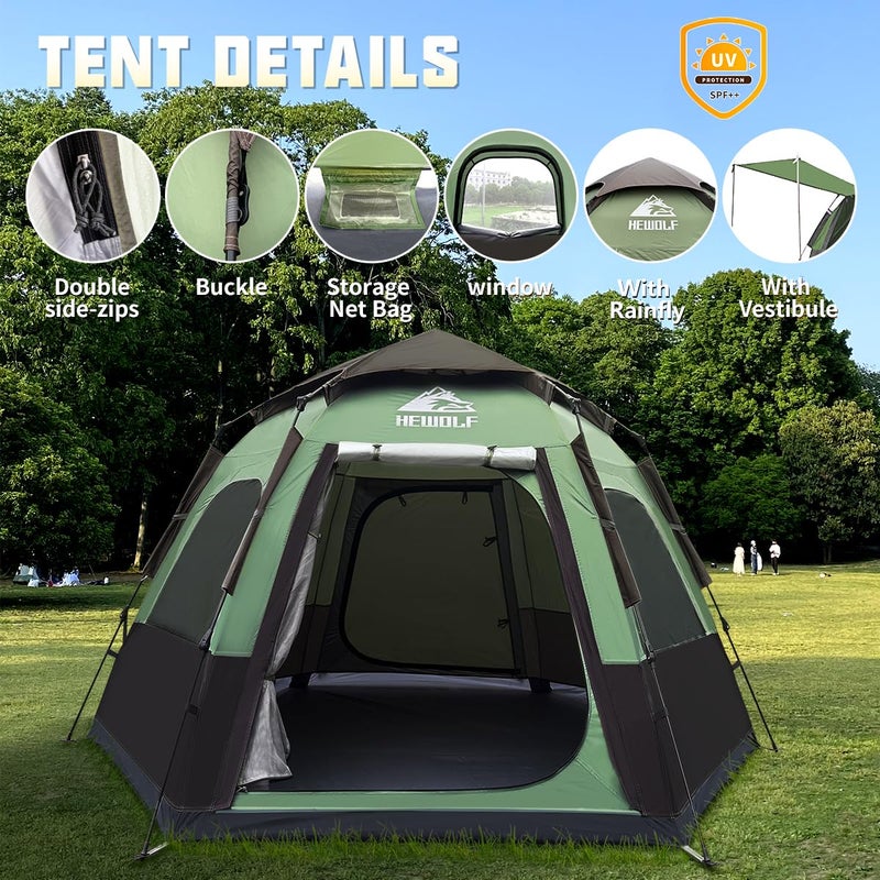Hewolf 2/3/4 Person Camping Tent - Instant Pop Up Waterproof 2 Doors Tent with Easy Setup | 3-Season Hexagonal Dome Design for Family, Hiking & Traveling (Green-1) - Image 3
