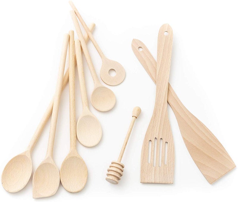 tuuli Kitchen 9Piece Wooden Cooking Utensils Set Specially Designed Solid Beechwood Wooden Spoons Wood Spatula and Honey Dipper Durable Wooden Utensils for Everyday Use