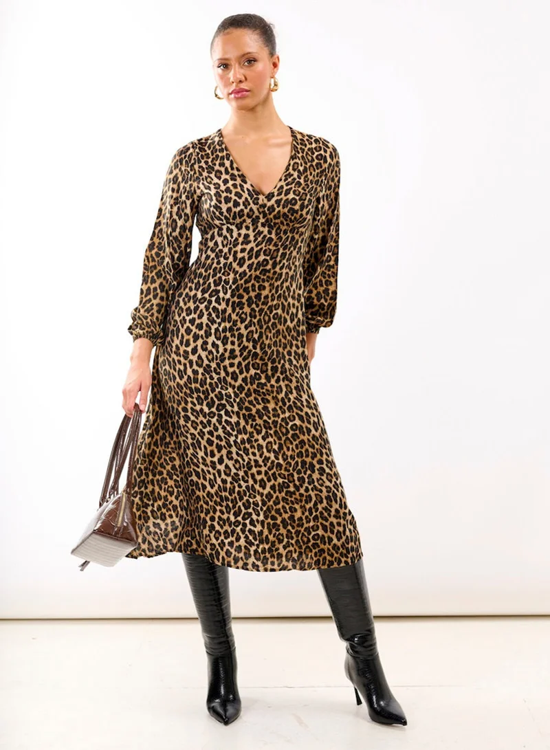 Brown Animal Printed Long Sleeve Midi Dress