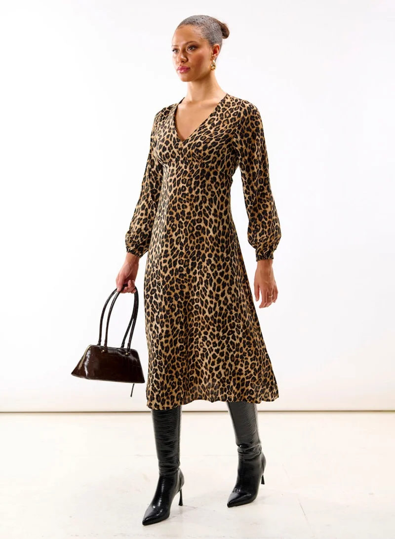 نيدز نو ليبل Brown Animal Printed Long Sleeve Midi Dress
