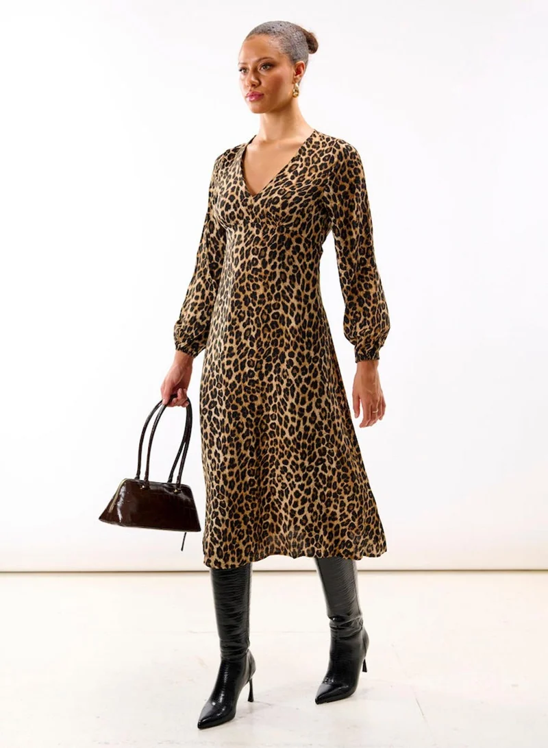 Needs No Label Brown Animal Printed Long Sleeve Midi Dress