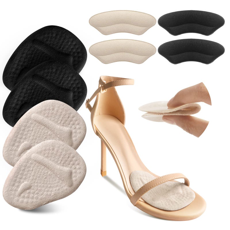 Riootlnm Metatarsal Pads Ball of Foot Cushions Heel Pads Inserts for Too Big Shoe Reduce Foot Pain No Slip Heel Grips Liners Pads for Loose Shoe Blisters BeigeBlack