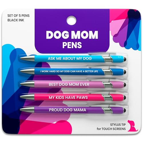 rubyloo Funny Dog Mom Gift Pen Set – 5 Black Ink Ballpoint Pens with Stylus Tips & Durable Metal Barrels with Hilarious Doggy Quotes – Cute Dog Mom Gift for Women, Fur Mamas, Rescue Lovers, Friends - Image 1