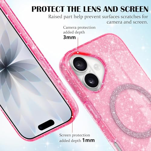 mobistyle Magnetic for iPhone 16 Case, Clear Crystal Glitter 16 Phone Case Compatible with Mag-Safe, Shockproof Sparkly Cute Women Girl Cover for iPhone 16, Hot Pink Glitter - Image 4