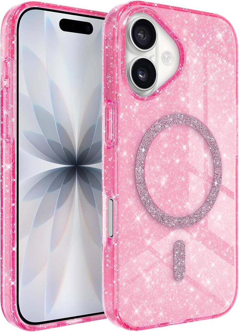 mobistyle Magnetic for iPhone 16 Case, Clear Crystal Glitter 16 Phone Case Compatible with Mag-Safe, Shockproof Sparkly Cute Women Girl Cover for iPhone 16, Hot Pink Glitter - Image 1
