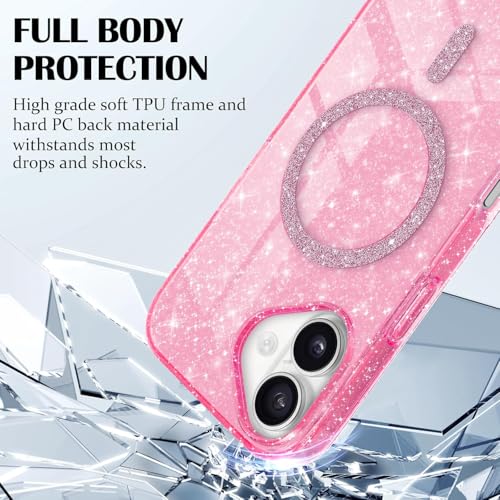 mobistyle Magnetic for iPhone 16 Case, Clear Crystal Glitter 16 Phone Case Compatible with Mag-Safe, Shockproof Sparkly Cute Women Girl Cover for iPhone 16, Hot Pink Glitter - Image 3