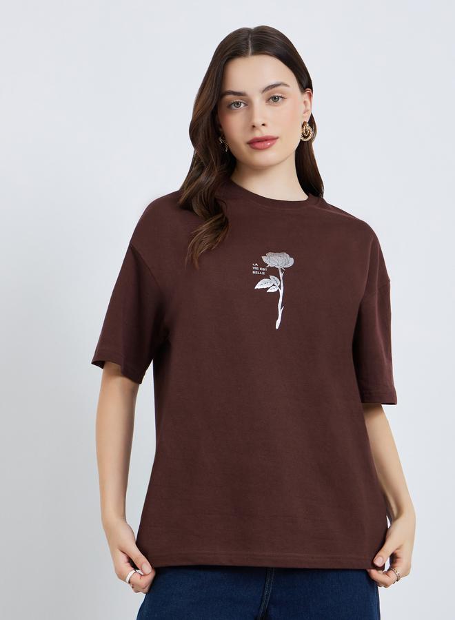 Styli Women Rose Foil Graphic 100% Cotton T-Shirt - Image 1