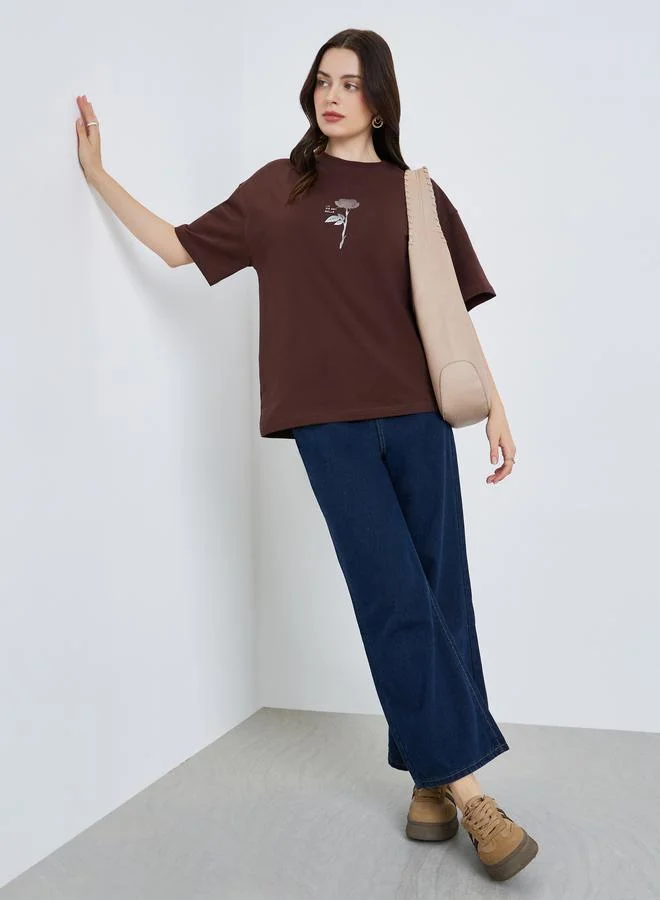 Styli Women Rose Foil Graphic 100% Cotton T-Shirt