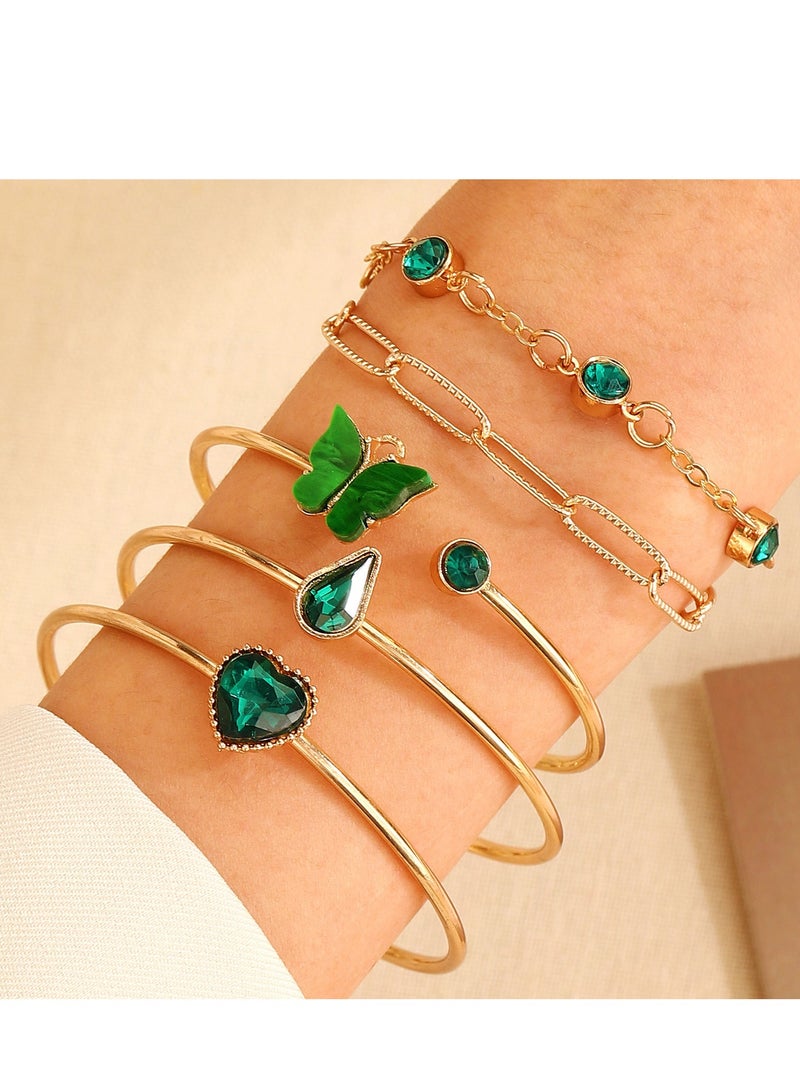 4 Piece Bracelet Set - Glamorous Gold with Green Crystals -Toned Green Gemstone Layered Bracelet Set