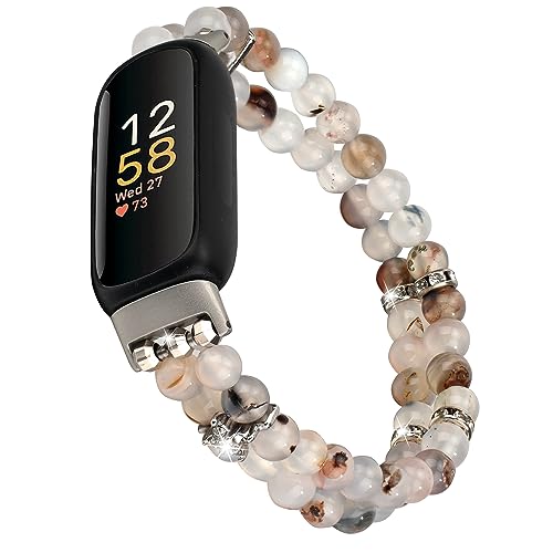 Wongeto Compatible with Fitbit Luxe Bands,Fashion Handmade Elastic Stretch Pearl Bracelet Women Replacement Strap for Fitbit Luxe accssorises (Grass Flower Agate) - Image 1