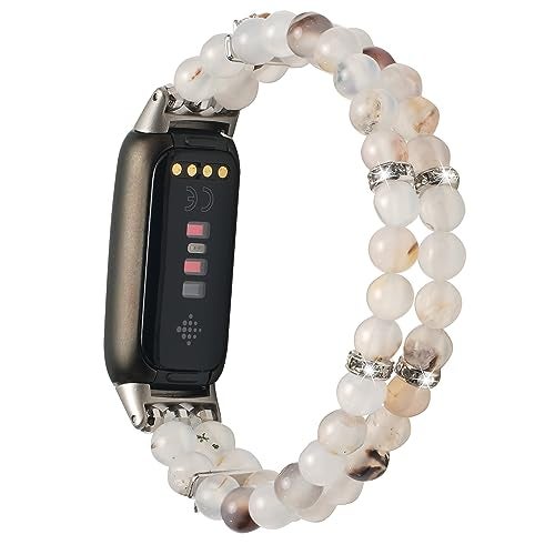 Wongeto Compatible with Fitbit Luxe Bands,Fashion Handmade Elastic Stretch Pearl Bracelet Women Replacement Strap for Fitbit Luxe accssorises (Grass Flower Agate) - Image 2