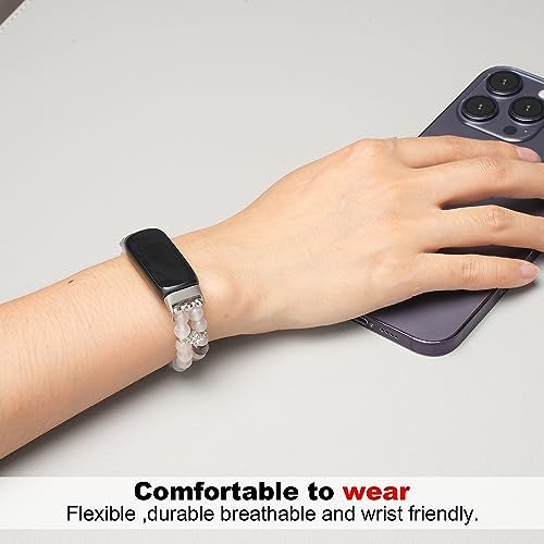 Wongeto Compatible with Fitbit Luxe Bands,Fashion Handmade Elastic Stretch Pearl Bracelet Women Replacement Strap for Fitbit Luxe accssorises (Grass Flower Agate) - Image 3