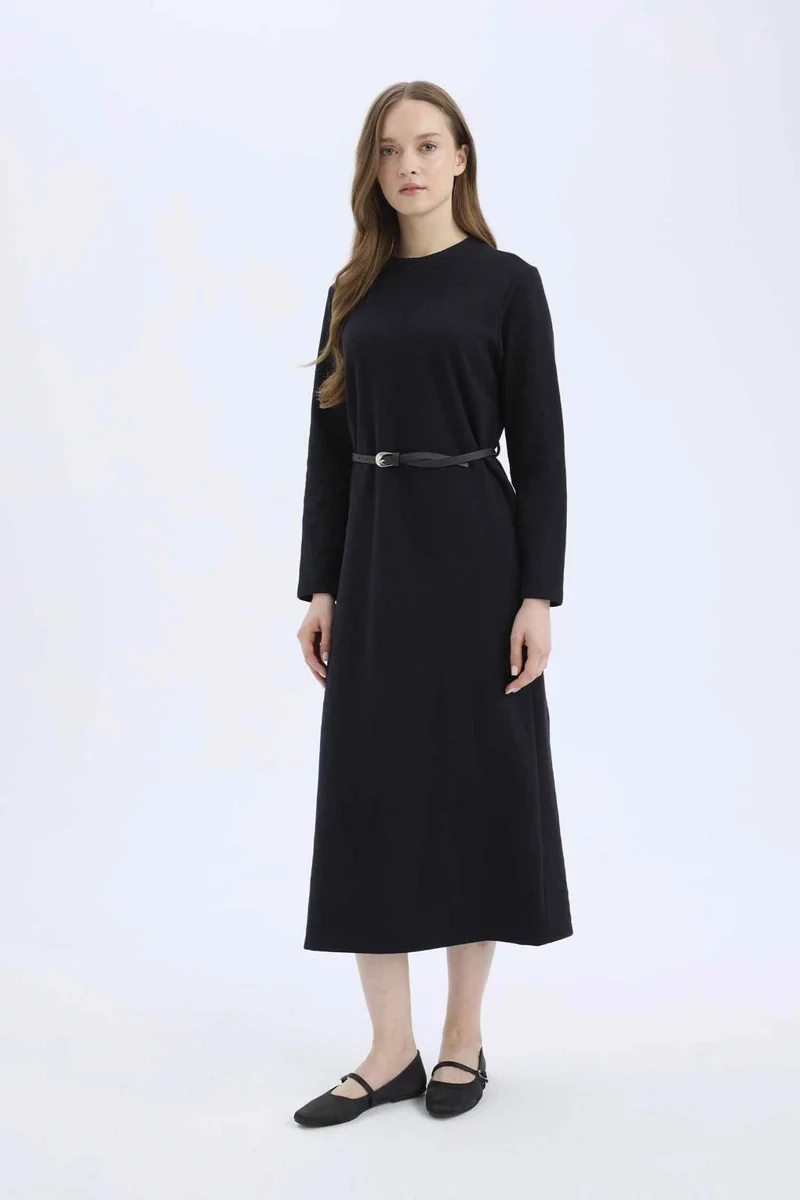 ديفاكتو Regular Fit Crew Neck Belted Selanik Fabric Maxi Dress