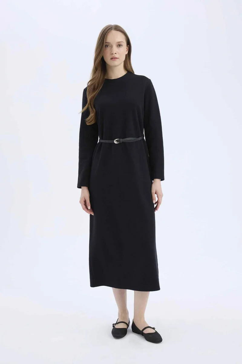 ديفاكتو Regular Fit Crew Neck Belted Selanik Fabric Maxi Dress