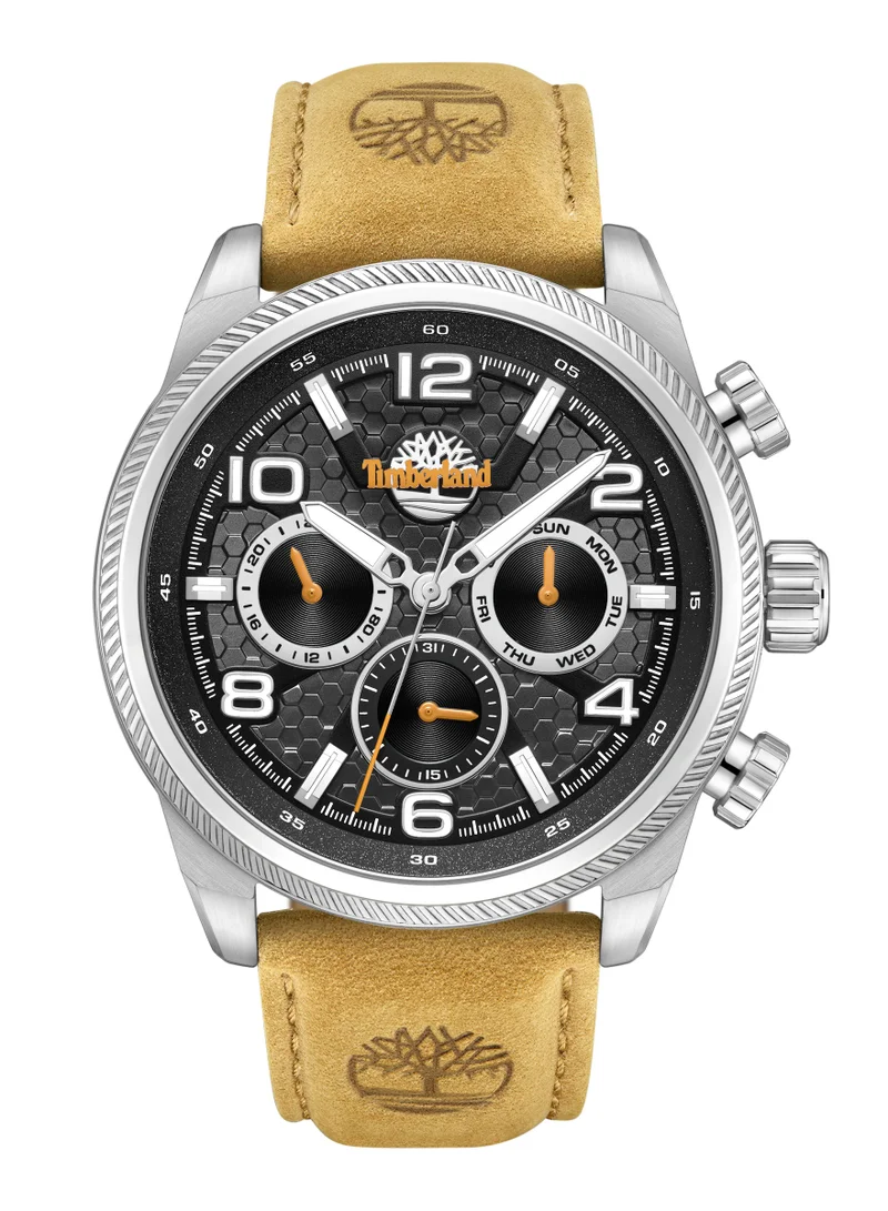 تمبرلاند ساعة رجالية هينيكر الثانية متعددة الوظائف بقرص أسود وحزام جلد بني
