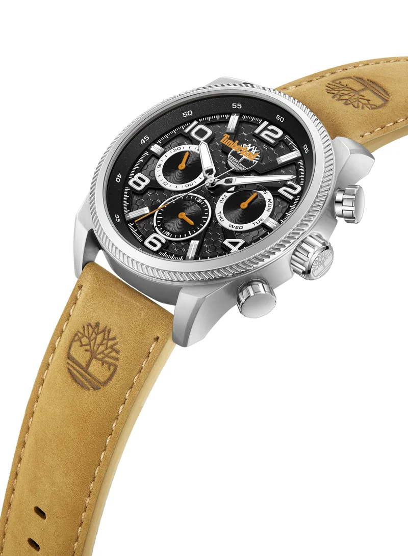 تمبرلاند ساعة رجالية هينيكر الثانية متعددة الوظائف بقرص أسود وحزام جلد بني