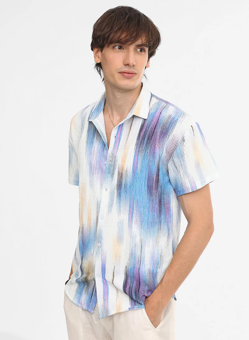 كامبوس سوترا Men's Sky Blue & Ivory White Strokes-Textured Shirt