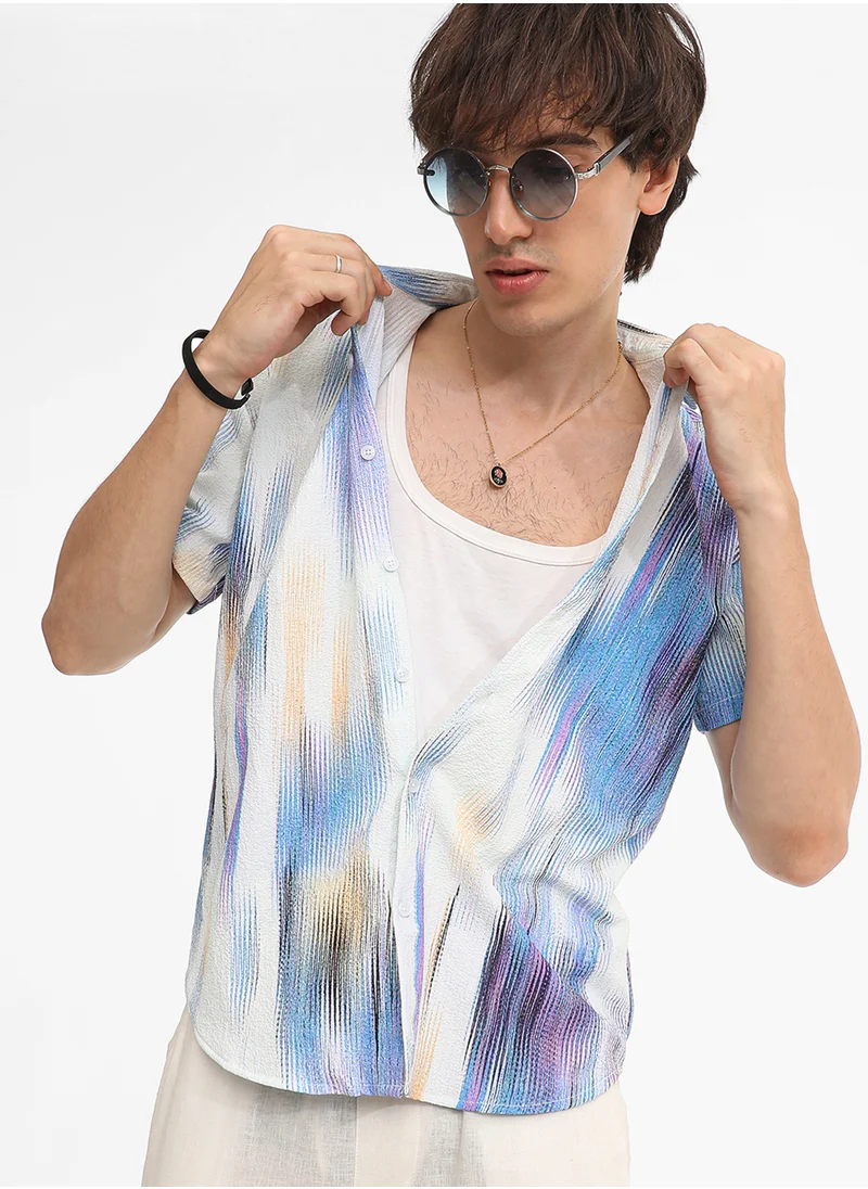 Campus Sutra Men's Sky Blue & Ivory White Strokes-Textured Shirt
