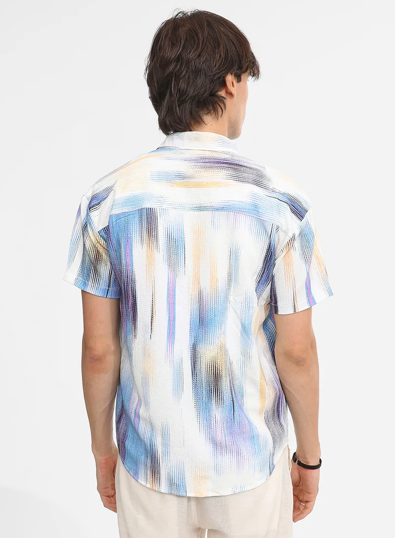 كامبوس سوترا Men's Sky Blue & Ivory White Strokes-Textured Shirt