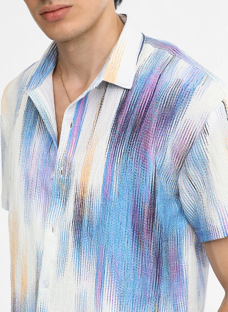 كامبوس سوترا Men's Sky Blue & Ivory White Strokes-Textured Shirt