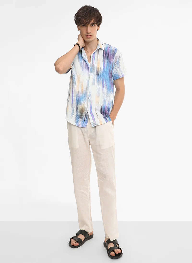 كامبوس سوترا Men's Sky Blue & Ivory White Strokes-Textured Shirt