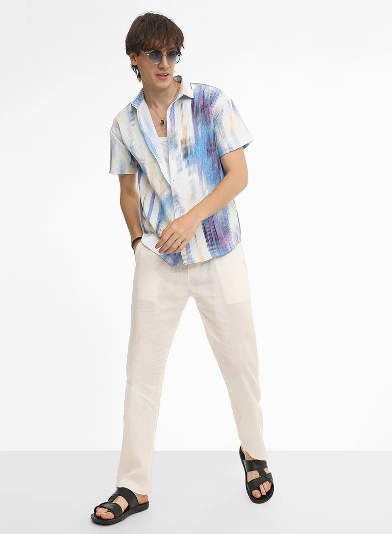 كامبوس سوترا Men's Sky Blue & Ivory White Strokes-Textured Shirt