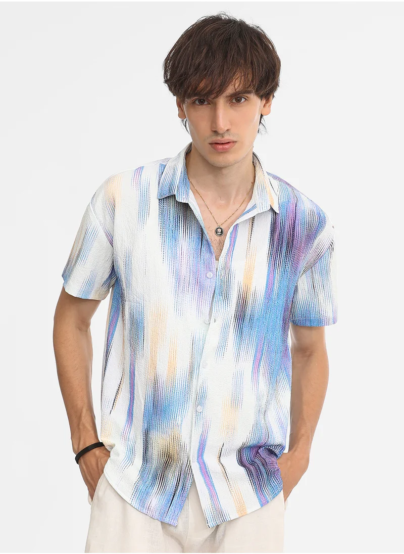 Campus Sutra Men's Sky Blue & Ivory White Strokes-Textured Shirt