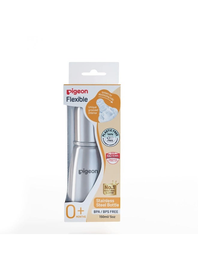 pigeon Stainless Steel Infant Baby Feeding Bottle,  BPA Free,  Anti-Colic,  Plastic-Free,  Medium-Flow Nipple Slim Neck Steel Feeding Bottle 150ml-S Size - Image 2