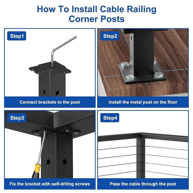 BLIKA 36" Cable Railing Corner Post(Post 35"x2"x2"), Flat Top Surface Mount 90° Drilled Deck Corner Post, Stainless Steel Black Cable Handrail Post for Deck Railing System, BL02-CP - Image 3