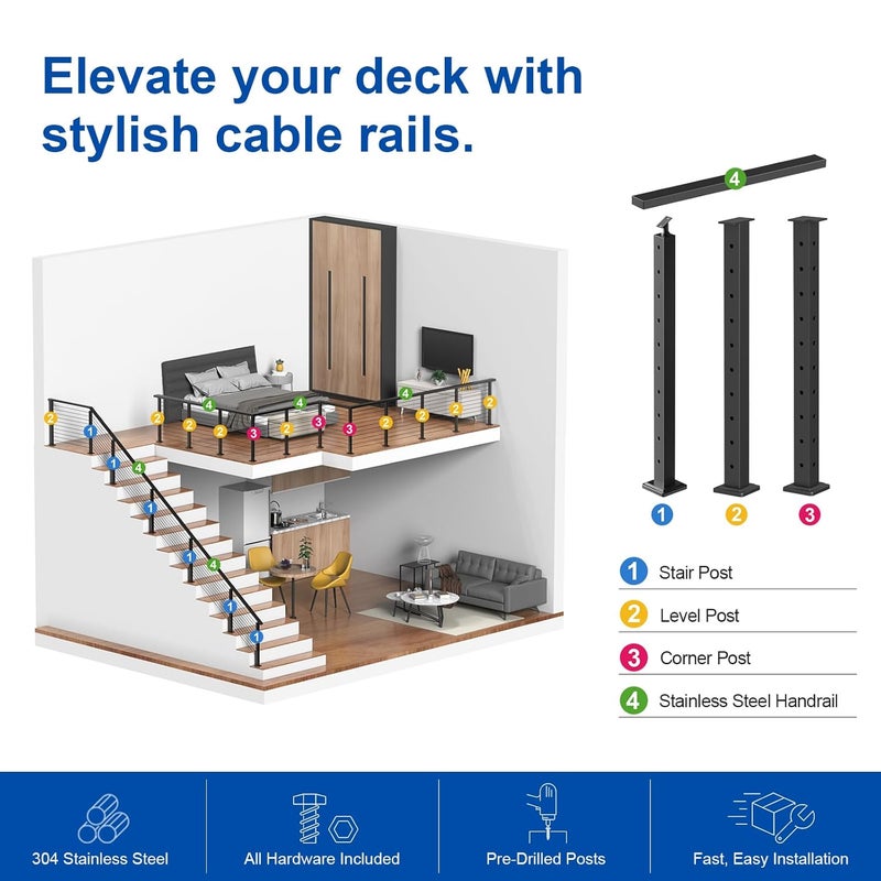BLIKA 36" Cable Railing Corner Post(Post 35"x2"x2"), Flat Top Surface Mount 90° Drilled Deck Corner Post, Stainless Steel Black Cable Handrail Post for Deck Railing System, BL02-CP - Image 4