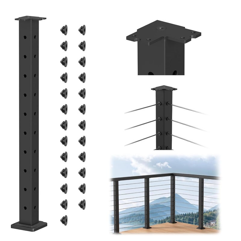 BLIKA 36" Cable Railing Corner Post(Post 35"x2"x2"), Flat Top Surface Mount 90° Drilled Deck Corner Post, Stainless Steel Black Cable Handrail Post for Deck Railing System, BL02-CP - Image 1