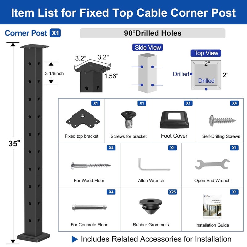 BLIKA 36" Cable Railing Corner Post(Post 35"x2"x2"), Flat Top Surface Mount 90° Drilled Deck Corner Post, Stainless Steel Black Cable Handrail Post for Deck Railing System, BL02-CP - Image 2
