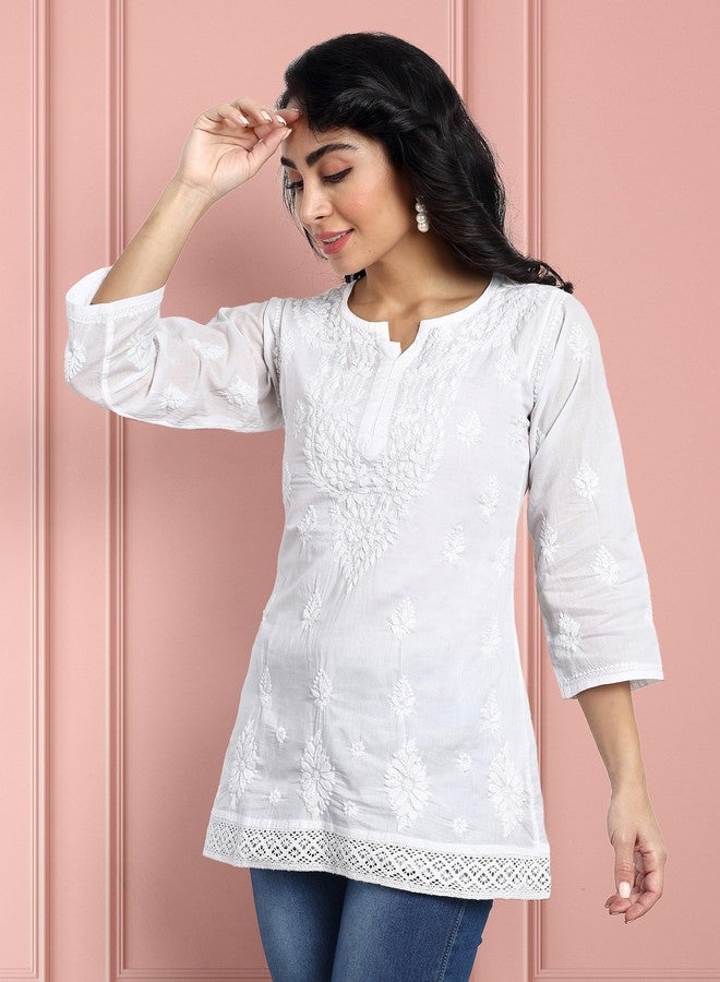 Ada Hand Embroidered Lucknow Chikankari White Cotton Short Kurti Top Tunic for Women A208704 (S) - Image 4