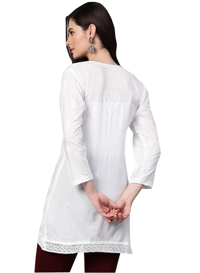 Ada Hand Embroidered Lucknow Chikankari White Cotton Short Kurti Top Tunic for Women A208704 (S) - Image 2