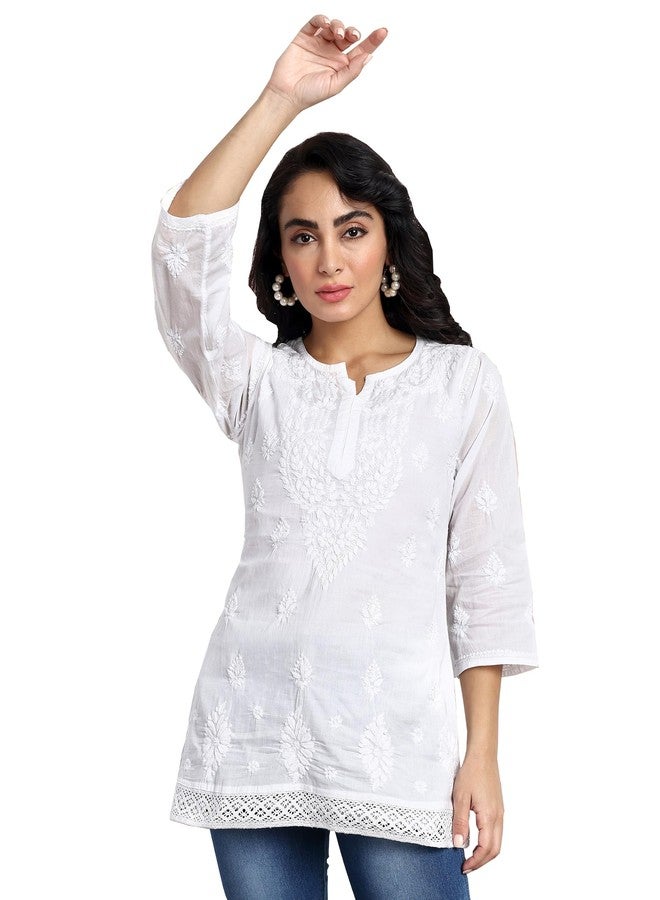 Ada Hand Embroidered Lucknow Chikankari White Cotton Short Kurti Top Tunic for Women A208704 (S) - Image 1
